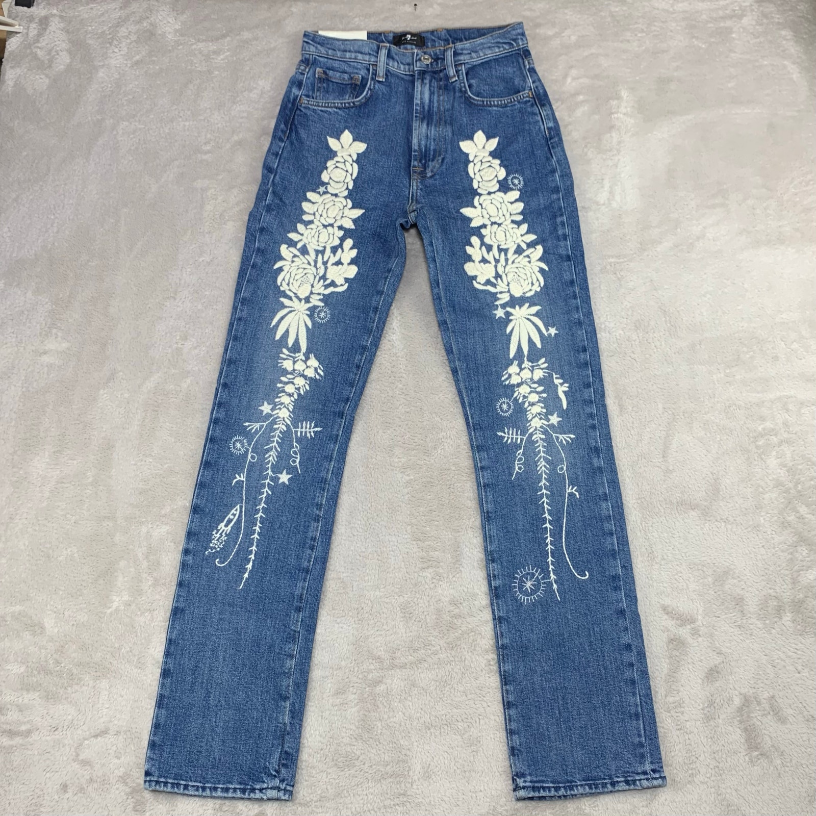 Nwt 7 For All Mankind Jeans Easy Slim Embroidered Womens 24 Boho Festival $278